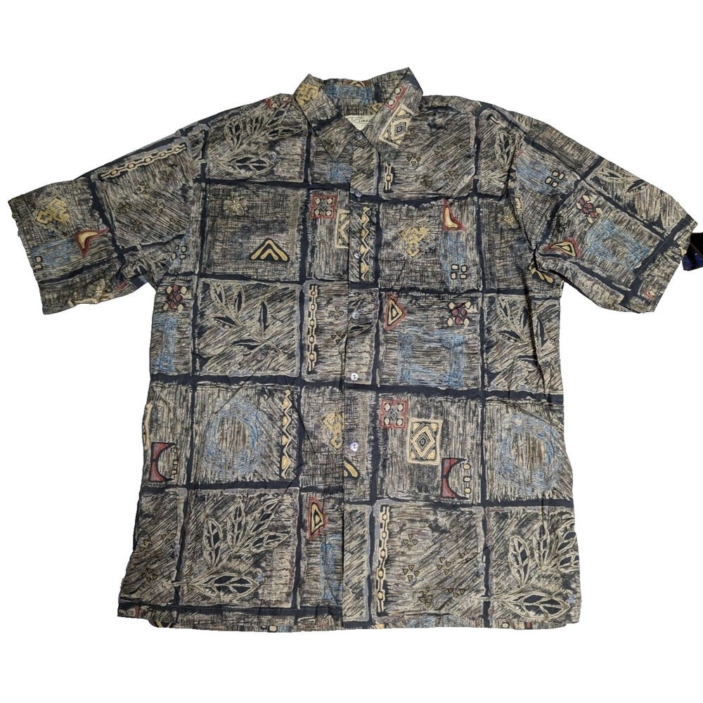 TORI RICHARD Men Large Brown Cotton Lawn Short Sleeve Button‎ Hawaiian Shirt EUC